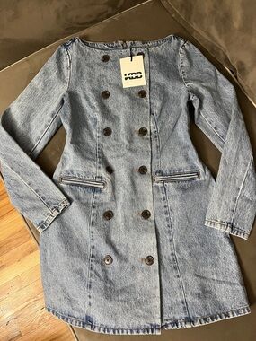 KBB Light Blue Denim Long Sleeve Double-Breasted Dress